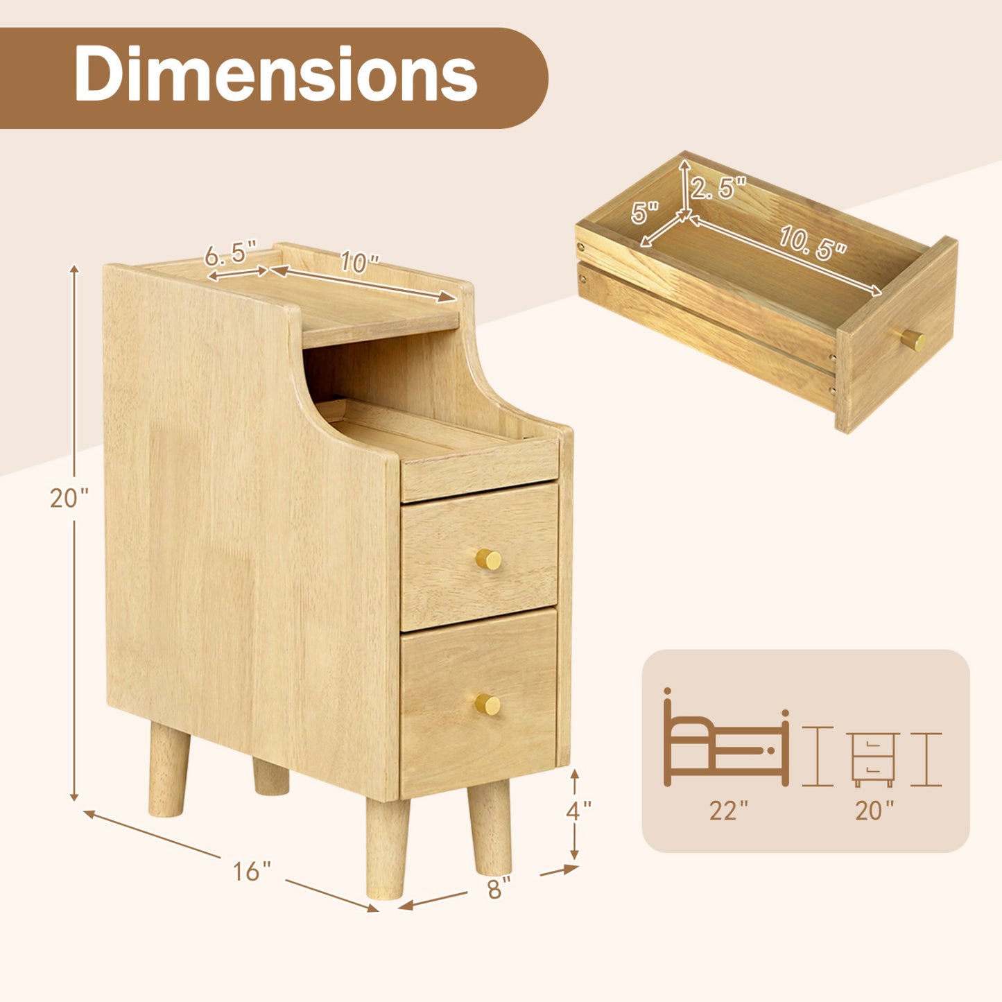 Set of 2 Solid Wood Nightstand with Pull-Out Tray, Drawers, Natural Nightstands at Gallery Canada