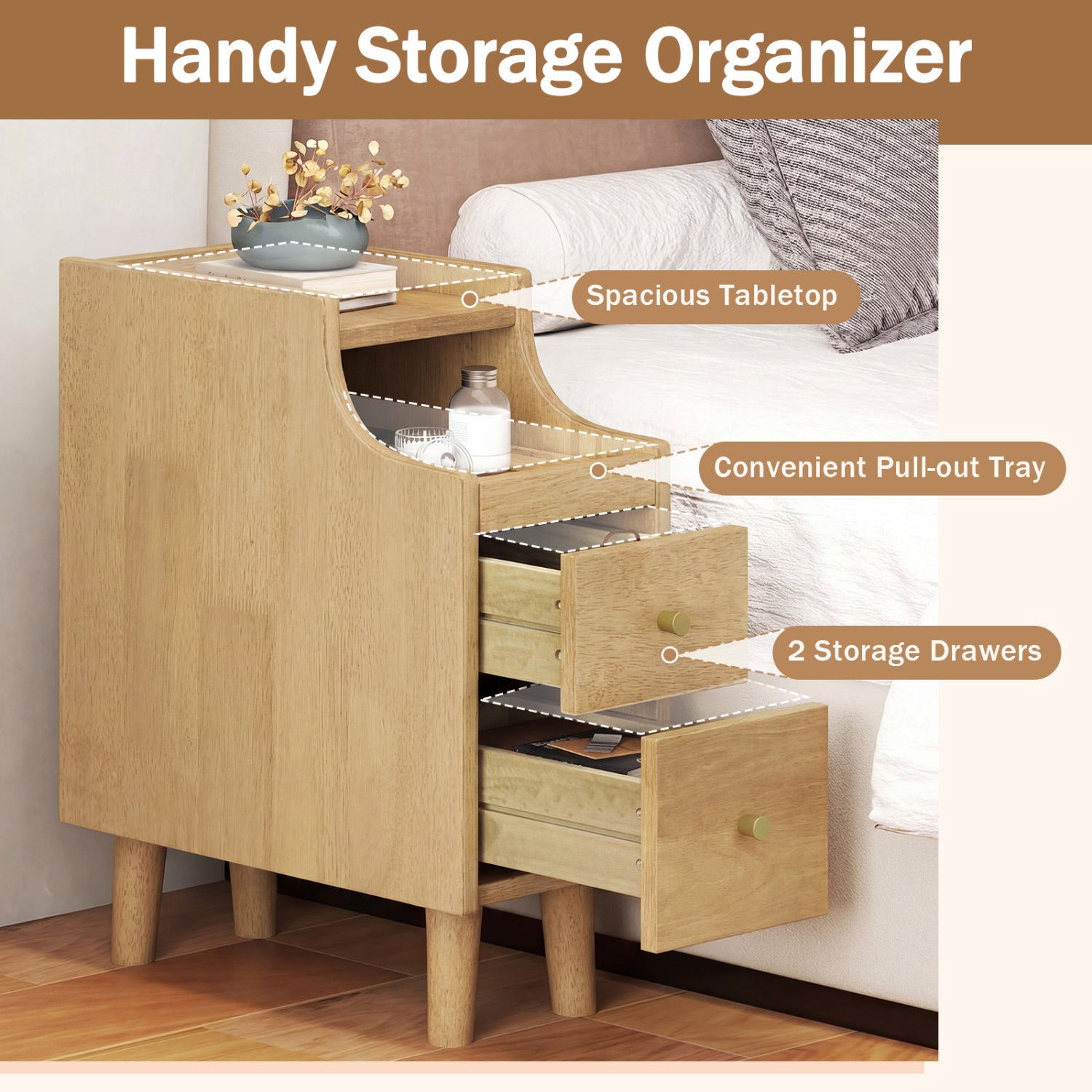 Set of 2 Solid Wood Nightstand with Pull-Out Tray, Drawers, Natural Nightstands at Gallery Canada