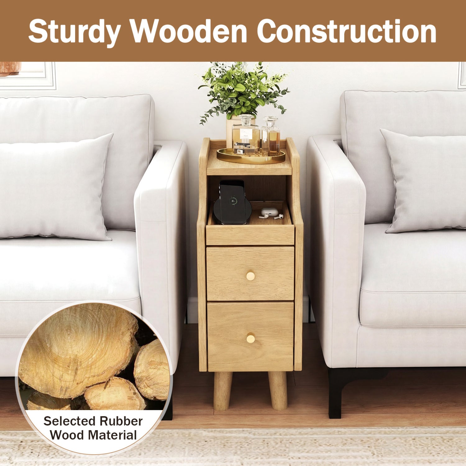 Set of 2 Solid Wood Nightstand with Pull-Out Tray, Drawers, Natural Nightstands at Gallery Canada