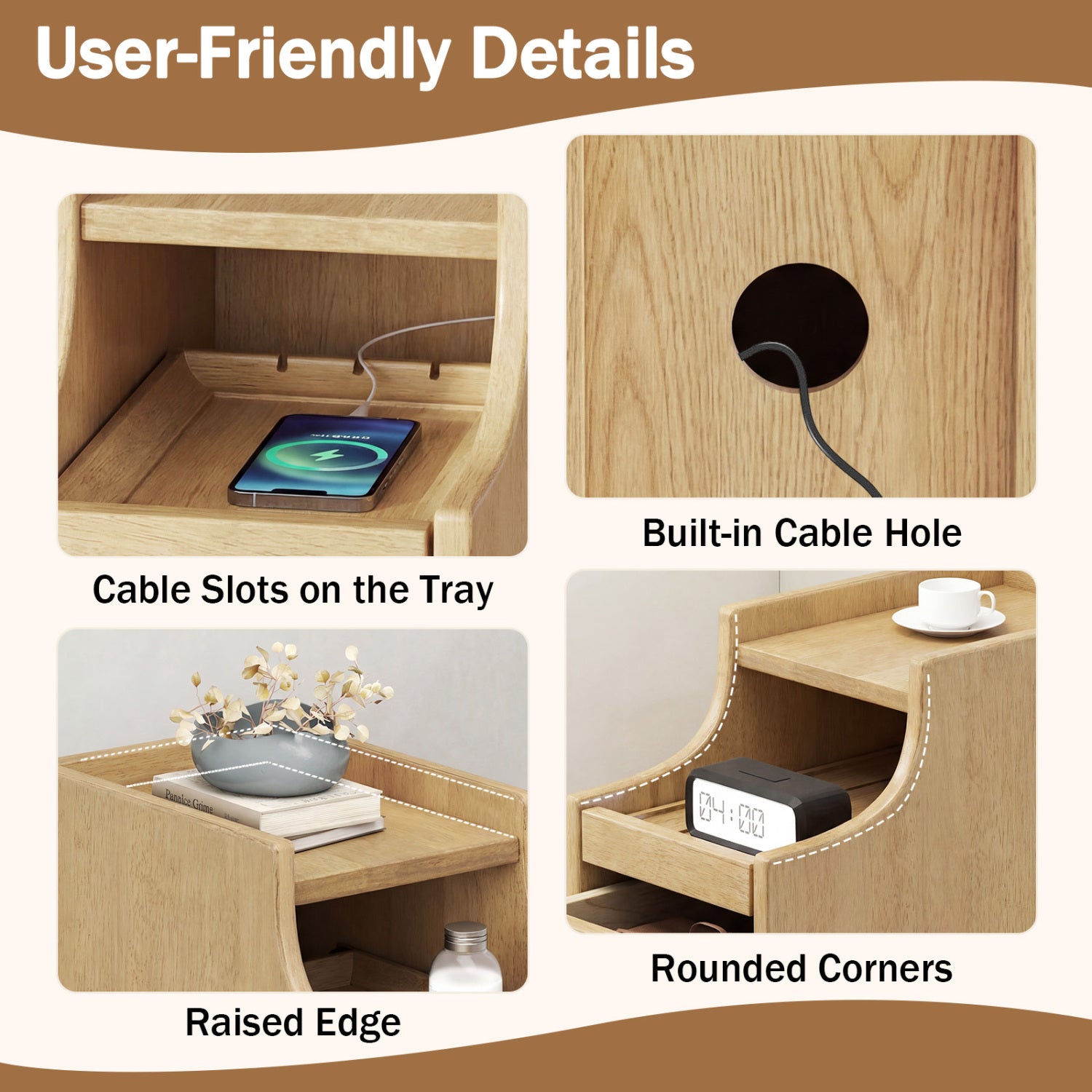 Set of 2 Solid Wood Nightstand with Pull-Out Tray, Drawers, Natural Nightstands at Gallery Canada