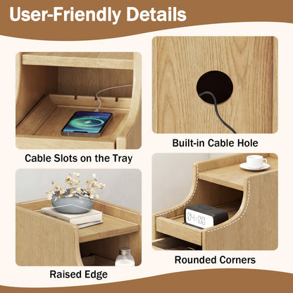 Set of 2 Solid Wood Nightstand with Pull-Out Tray, Drawers, Natural Nightstands at Gallery Canada