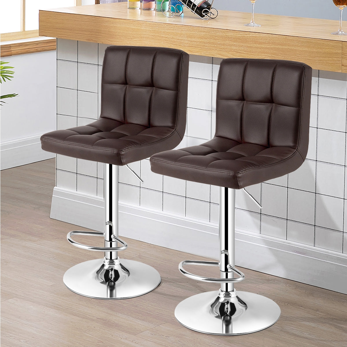 Set of 2 Square Swivel Adjustable PU Leather Bar Stools with Back and Footrest, Coffee Bar Stools at Gallery Canada