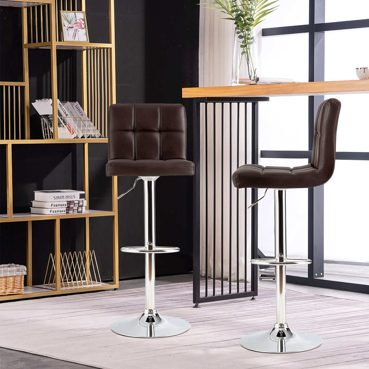 Set of 2 Square Swivel Adjustable PU Leather Bar Stools with Back and Footrest, Coffee Bar Stools at Gallery Canada