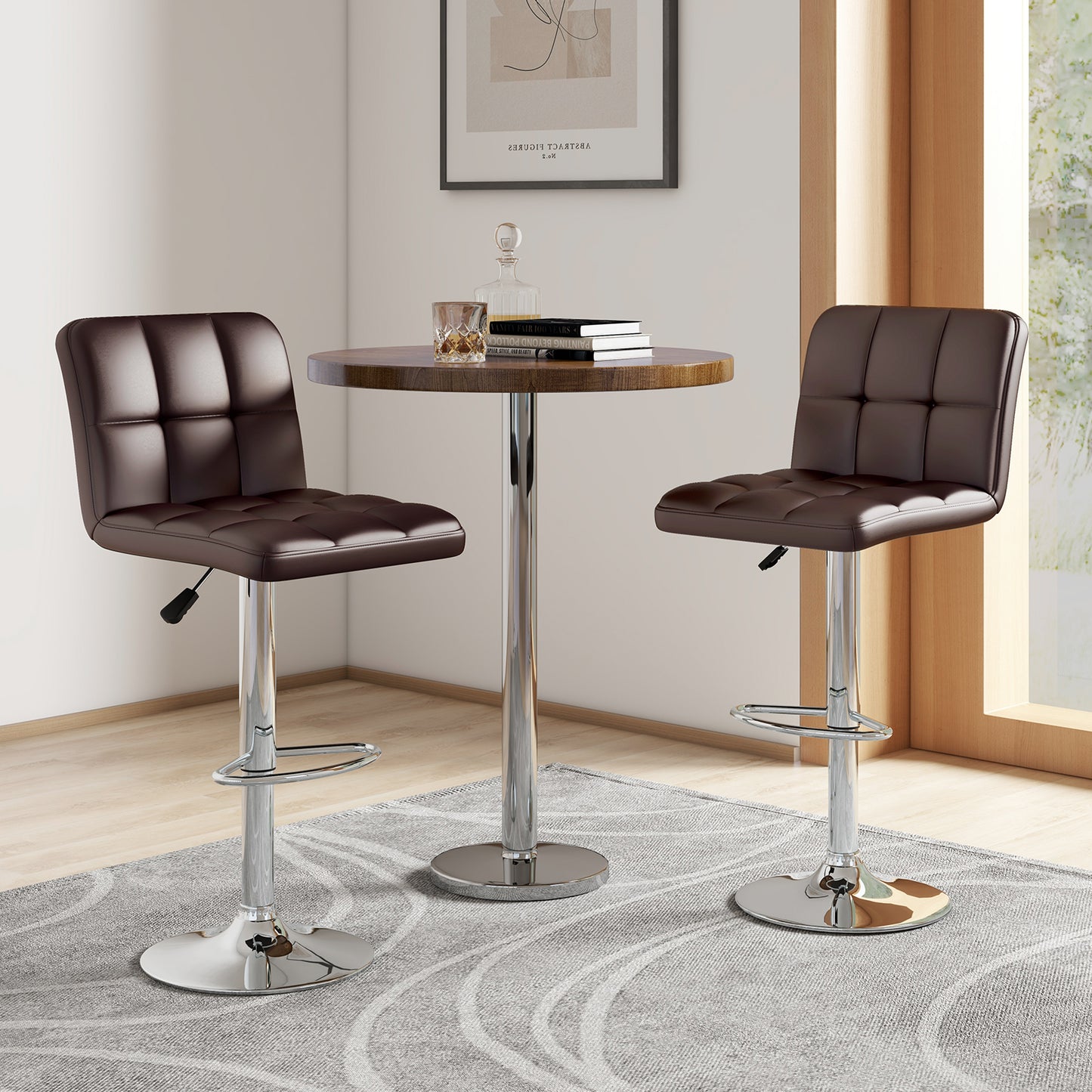 Square Swivel Adjustable PU Leather Bar Stools, Set of 2, Brown