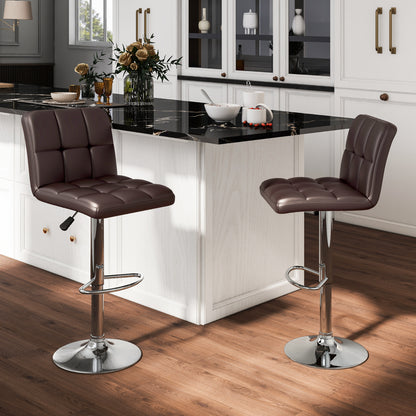 Square Swivel Adjustable PU Leather Bar Stools, Set of 2, Brown
