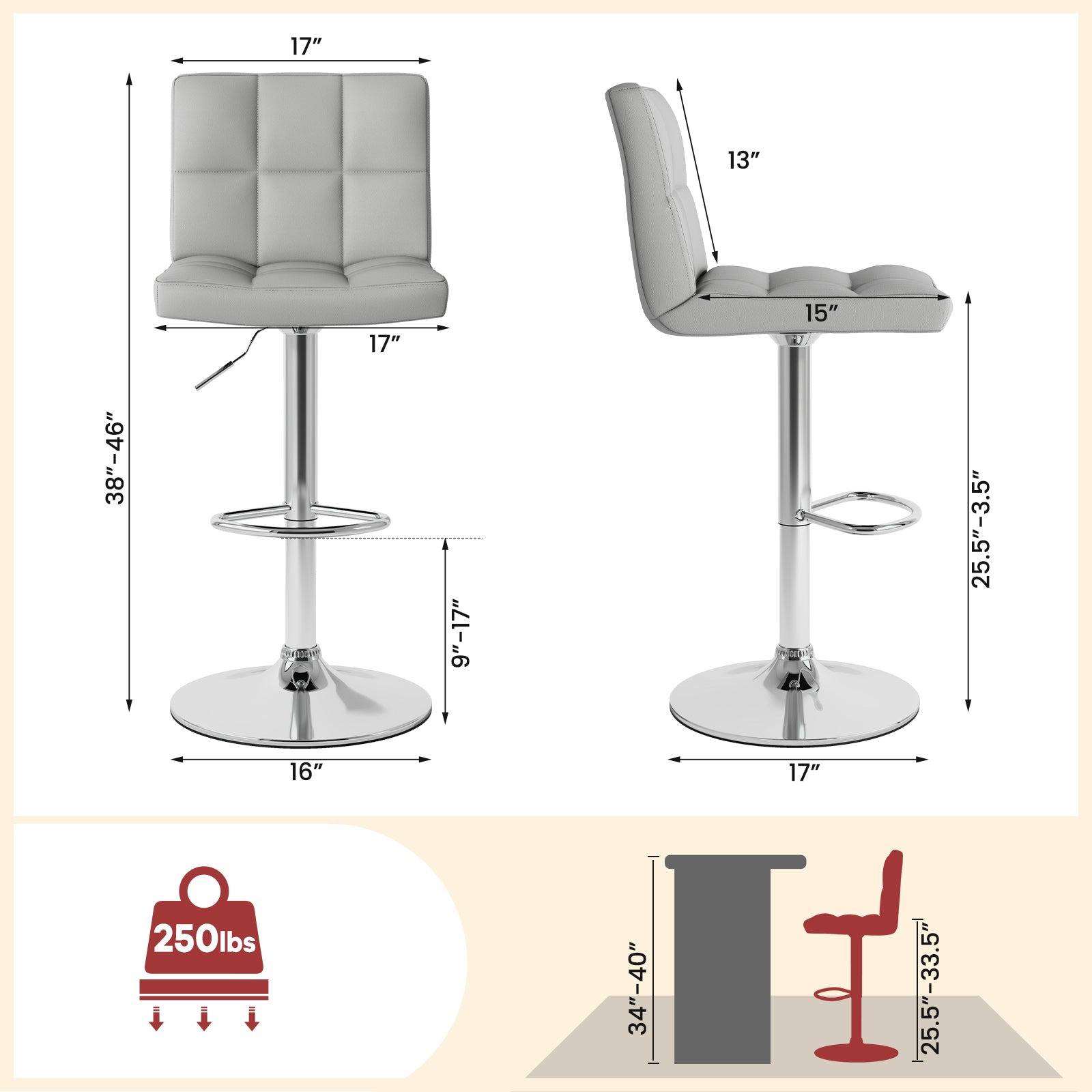 Set Of 2 Square Swivel Adjustable Bar Stools, Gray Bar Stools at Gallery Canada