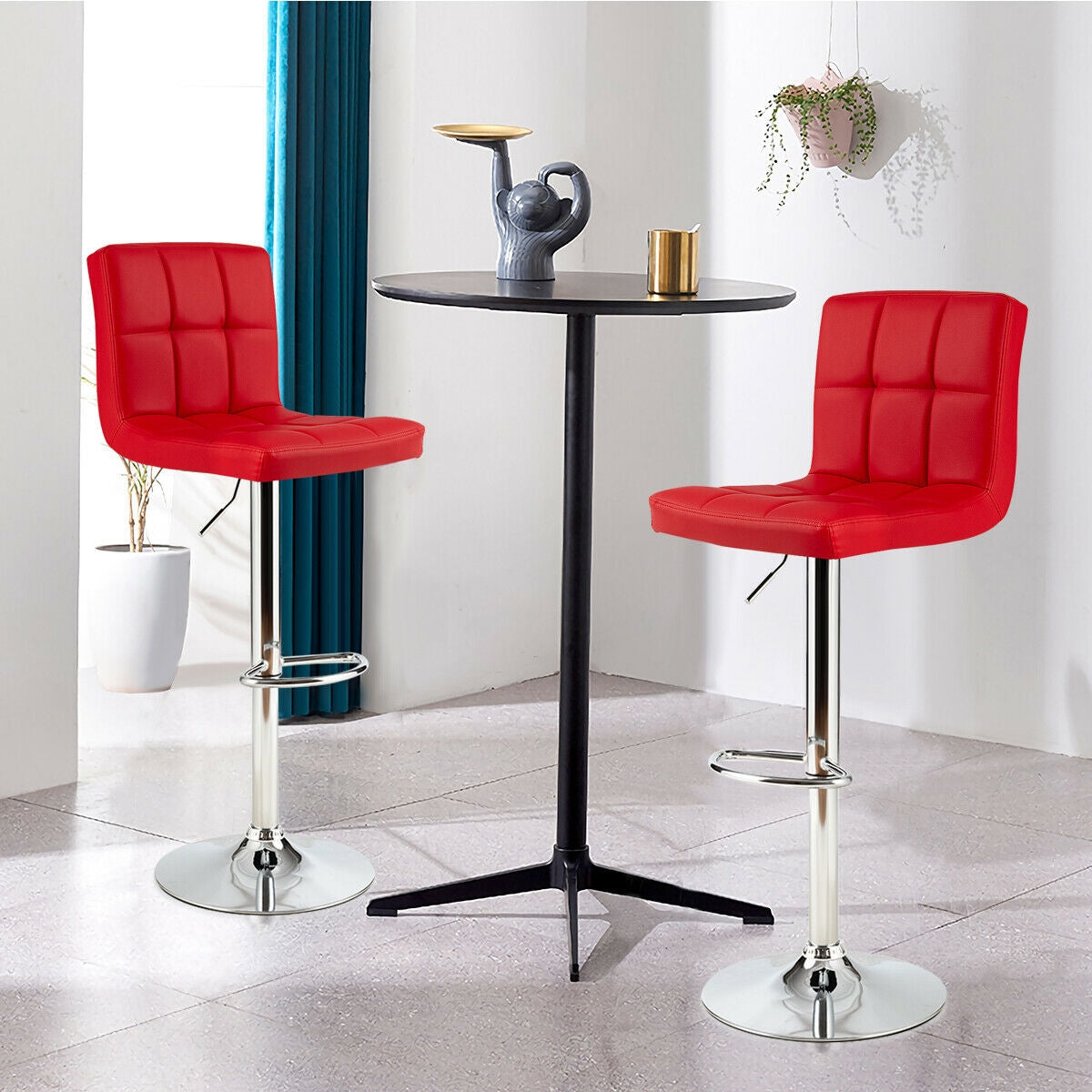 2 Square Swivel Adjustable PU Leather Bar Stools, Red