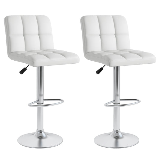Set of 2 Square Swivel Adjustable PU Leather Bar Stools with Back and Footrest, White