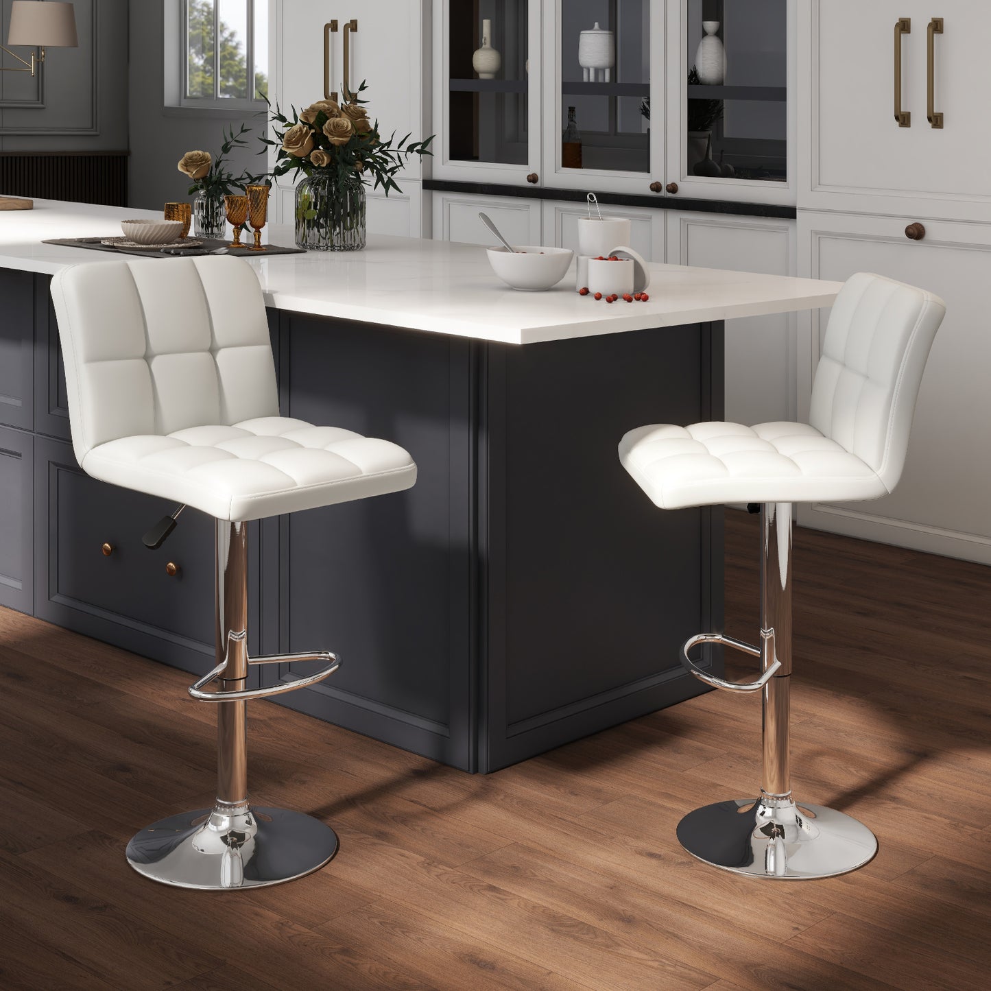 Square Swivel Adjustable PU Leather Bar Stools, Set of 2, White