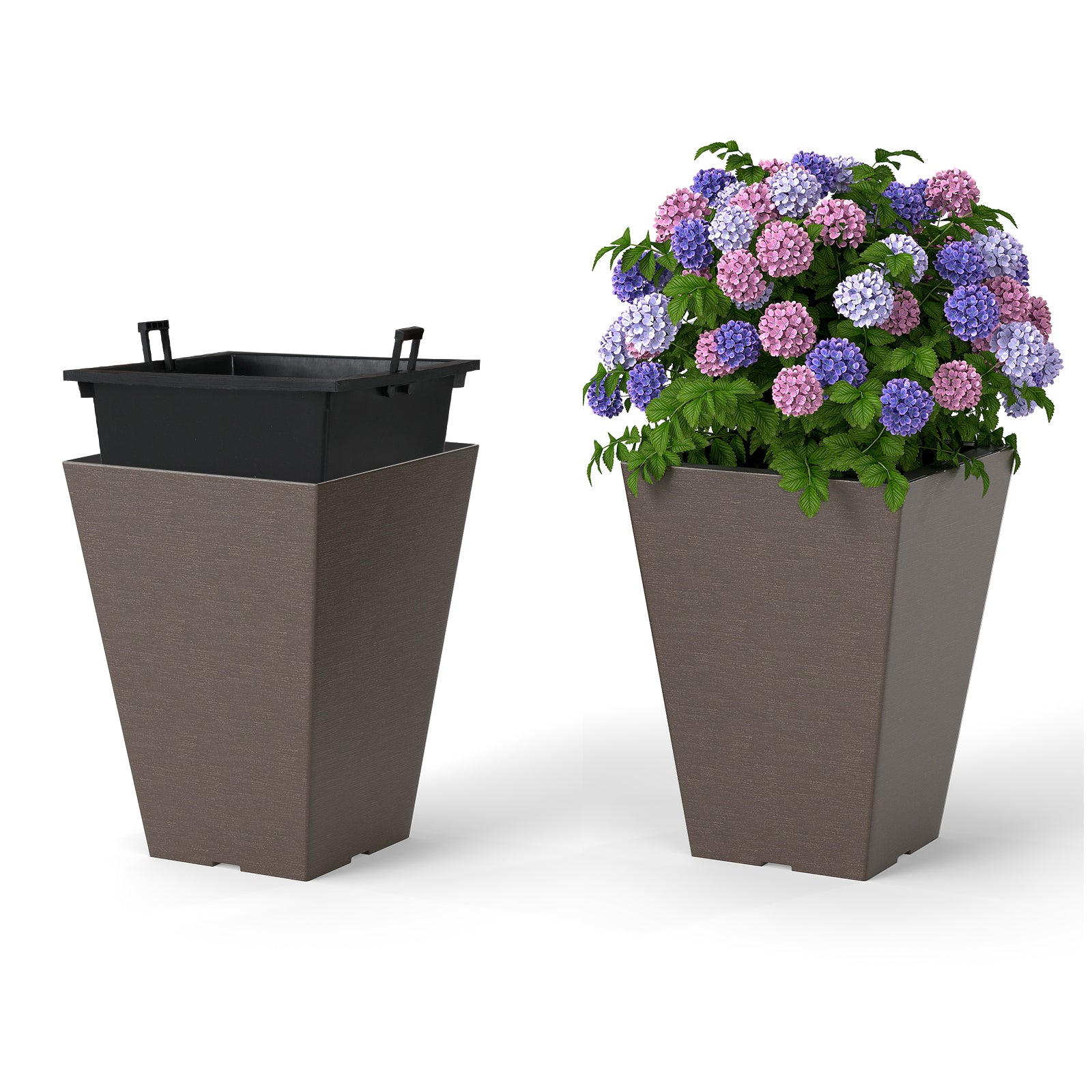 Set of 2 Square Taper Planter with Removable Inner Bucket and Optional Drainage Hole-S, Brown Raised Garden Beds Brown at Gallery Canada