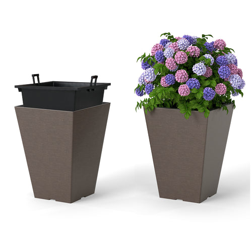 Set of 2 Square Taper Planter with Removable Inner Bucket and Optional Drainage Hole-S, Brown