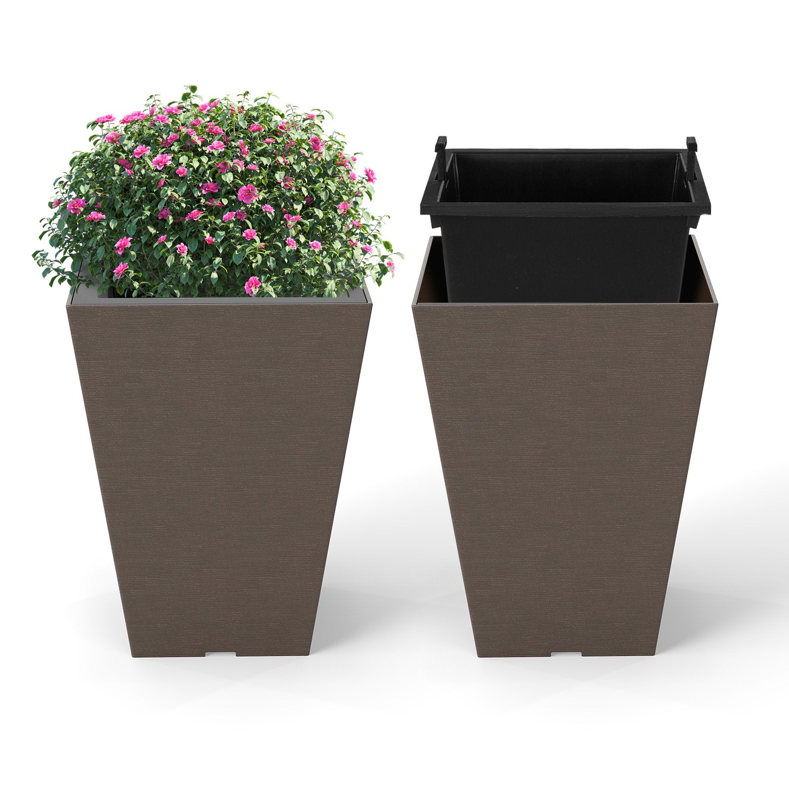 Set of 2 Square Taper Planter with Removable Inner Bucket and Optional Drainage Hole-S, Brown Raised Garden Beds at Gallery Canada