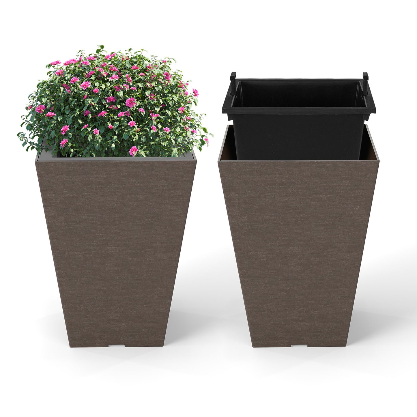 Set of 2 Square Taper Planter with Removable Inner Bucket and Optional Drainage Hole-S, Brown Raised Garden Beds at Gallery Canada