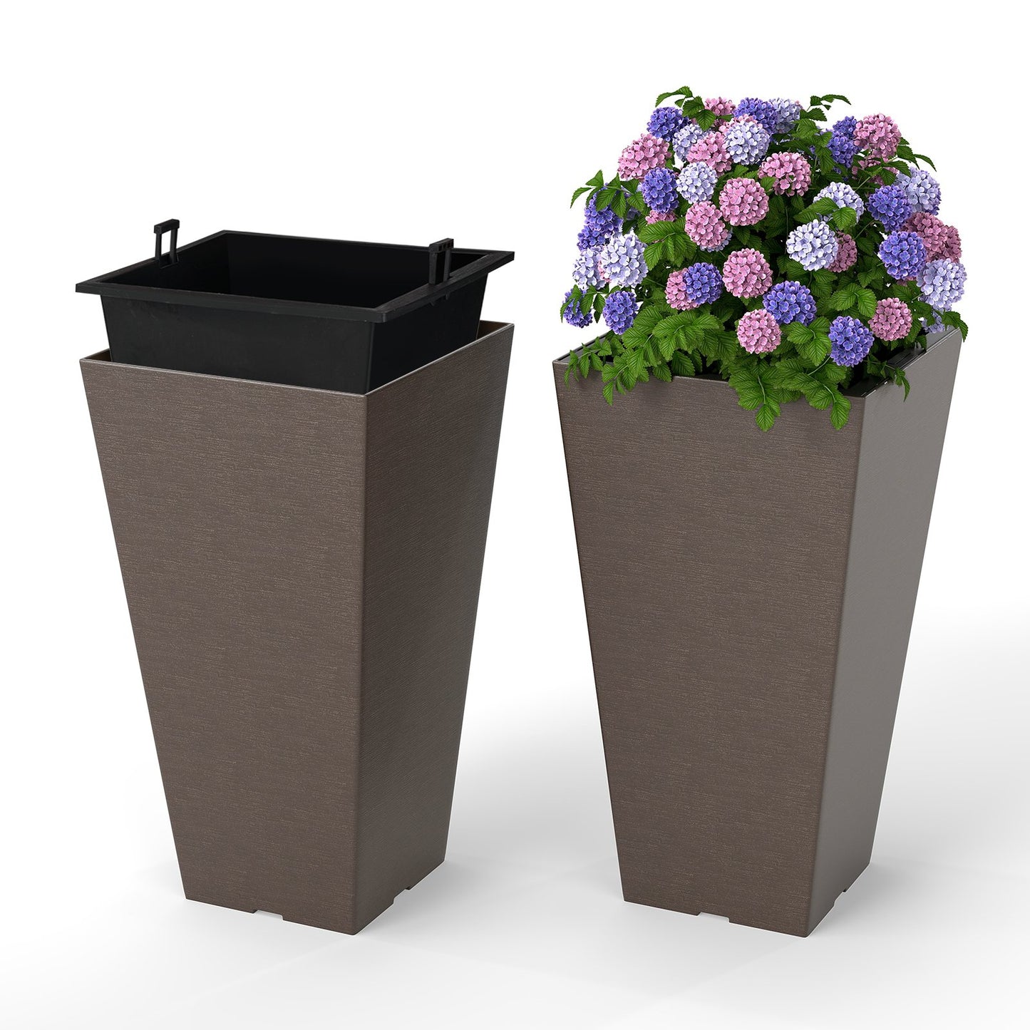 Set of 2 Square Taper Planter with Removable Inner Bucket and Optional Drainage Hole-M, Brown Raised Garden Beds Brown at Gallery Canada