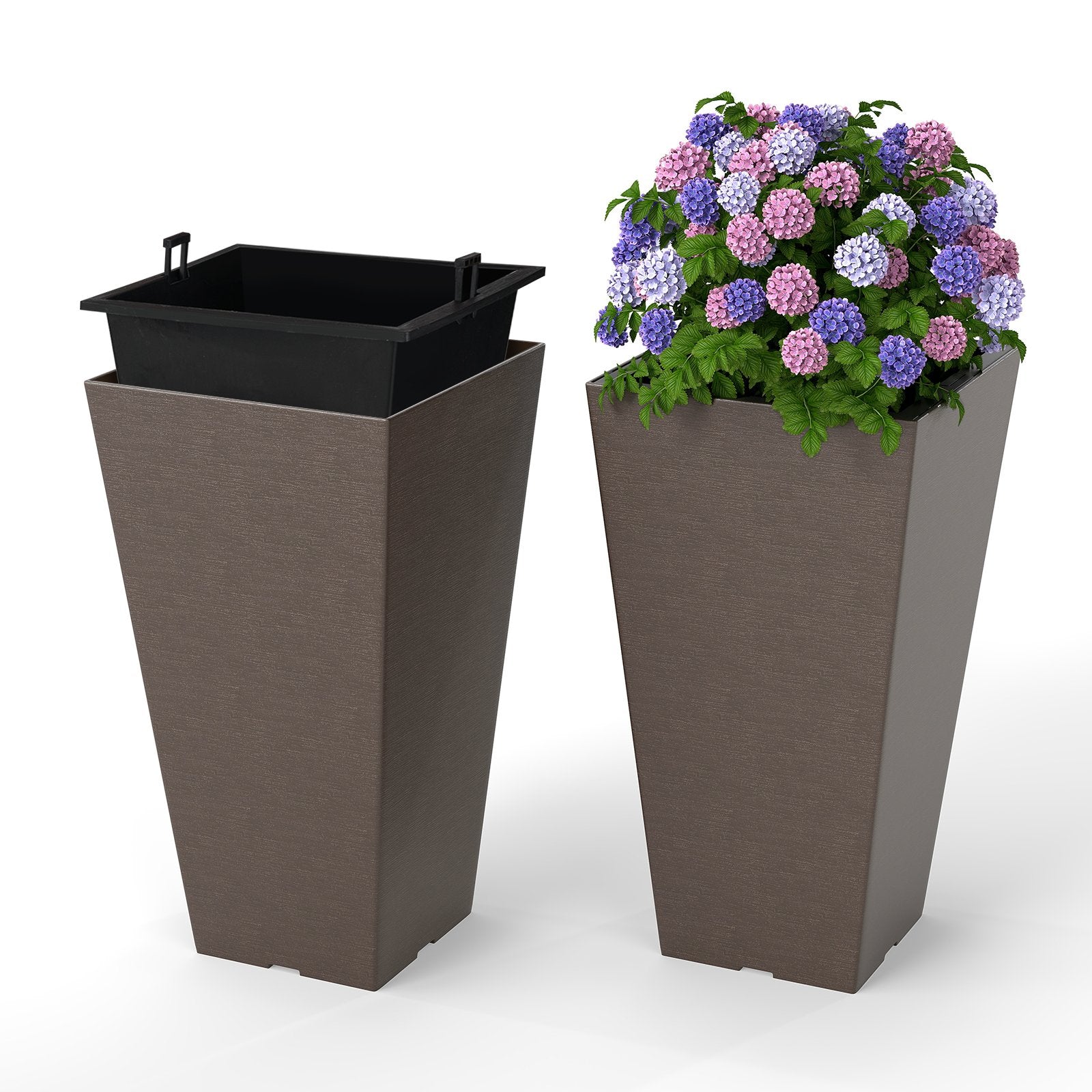 Set of 2 Square Taper Planter with Removable Inner Bucket and Optional Drainage Hole-M, Brown Raised Garden Beds Brown at Gallery Canada