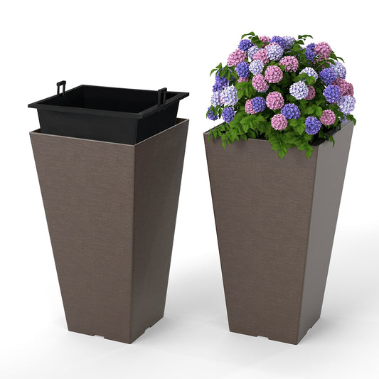 Set of 2 Square Taper Planter with Removable Inner Bucket and Optional Drainage Hole-M, Brown Raised Garden Beds Brown at Gallery Canada