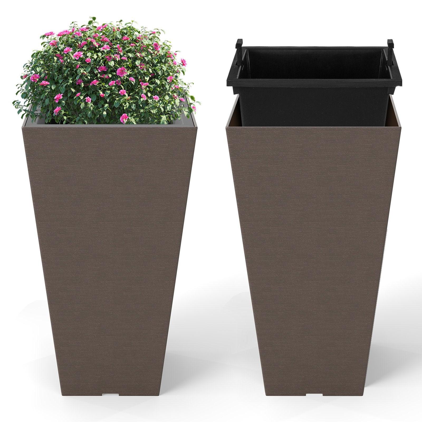 Set of 2 Square Taper Planter with Removable Inner Bucket and Optional Drainage Hole-M, Brown Raised Garden Beds at Gallery Canada