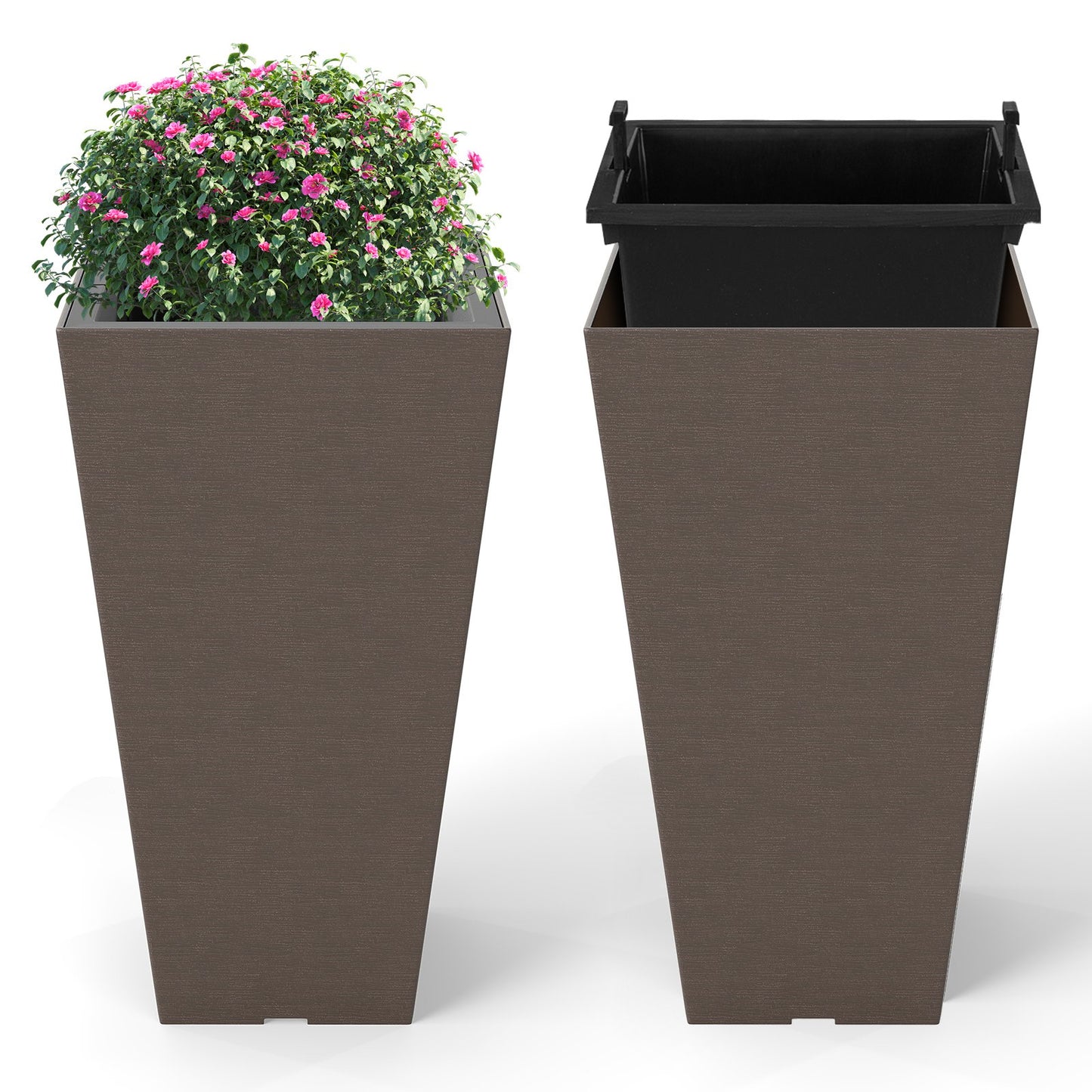 Set of 2 Square Taper Planter with Removable Inner Bucket and Optional Drainage Hole-M, Brown Raised Garden Beds at Gallery Canada