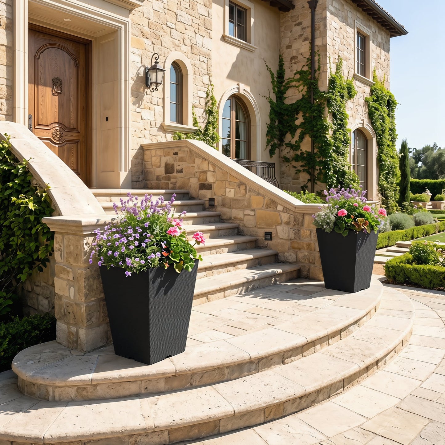 Set of 2 Square Taper Planter with Optional Drainage Hole and Removable Inner Bucket, Black