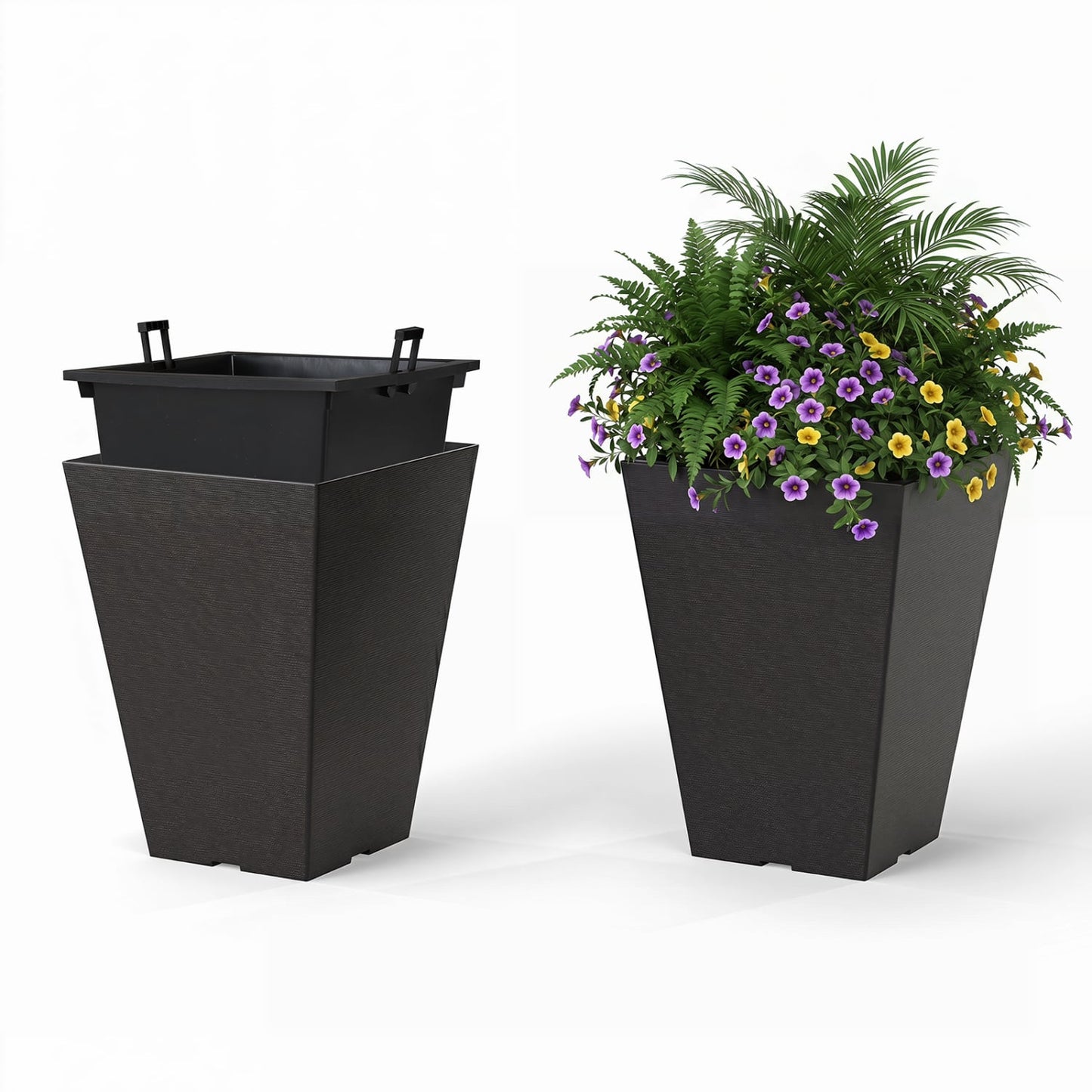 Set of 2 Square Taper Planter with Optional Drainage Hole and Removable Inner Bucket, Black