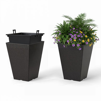 Set of 2 Square Taper Planter with Optional Drainage Hole and Removable Inner Bucket, Black