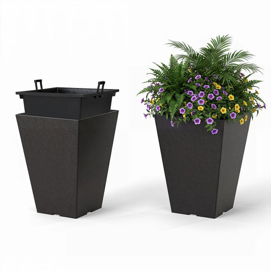 Set of 2 Square Taper Planter with Optional Drainage Hole and Removable Inner Bucket, Black Raised Garden Beds Black at Gallery Canada