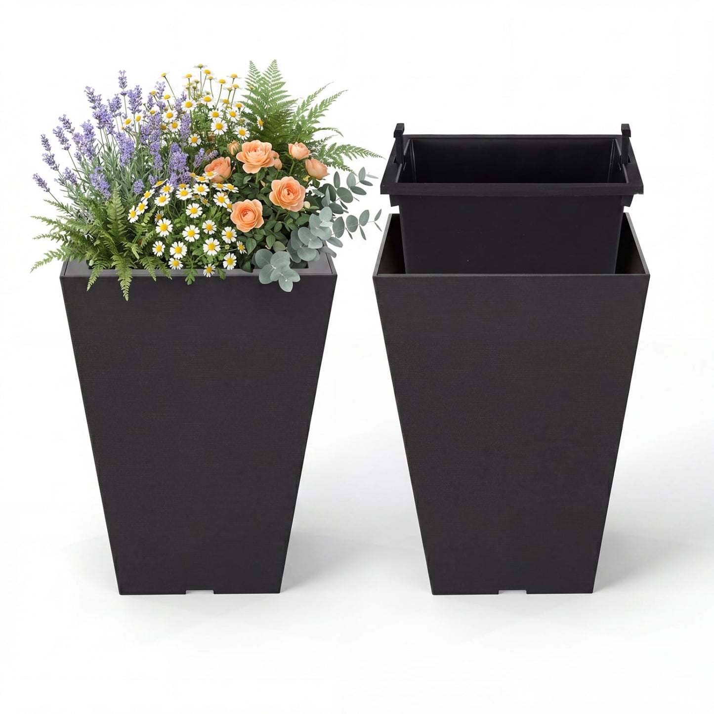 Set of 2 Square Taper Planter with Optional Drainage Hole and Removable Inner Bucket, Black