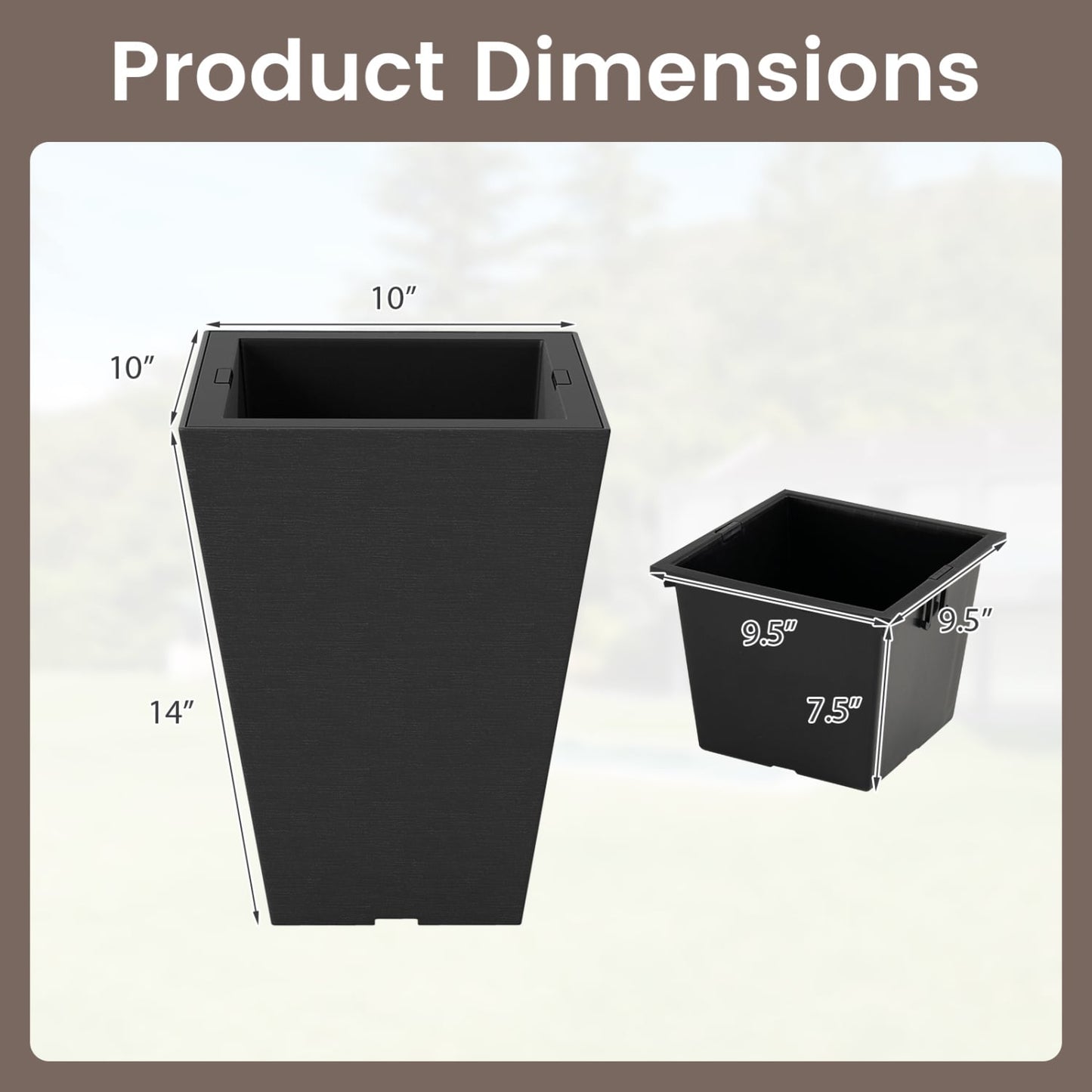 Set of 2 Square Taper Planter with Optional Drainage Hole and Removable Inner Bucket, Black
