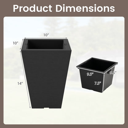 Set of 2 Square Taper Planter with Optional Drainage Hole and Removable Inner Bucket, Black