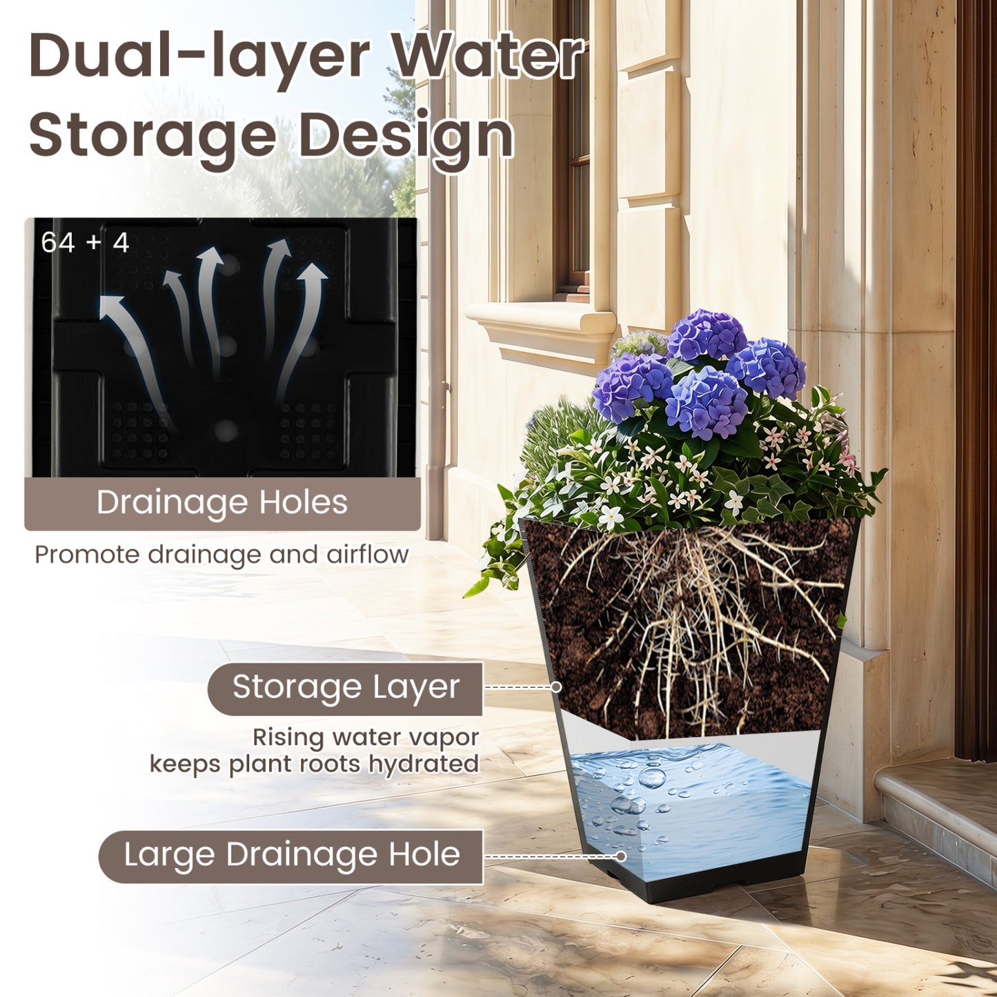 Set of 2 Square Taper Planter with Optional Drainage Hole and Removable Inner Bucket, Black
