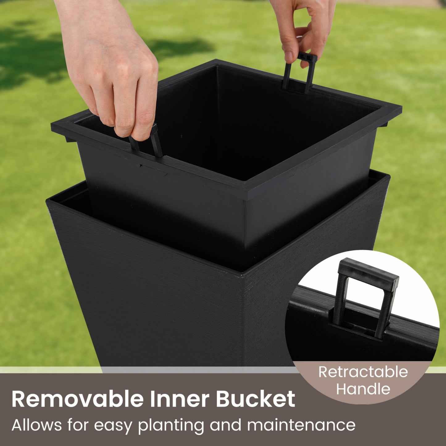 Set of 2 Square Taper Planter with Optional Drainage Hole and Removable Inner Bucket, Black