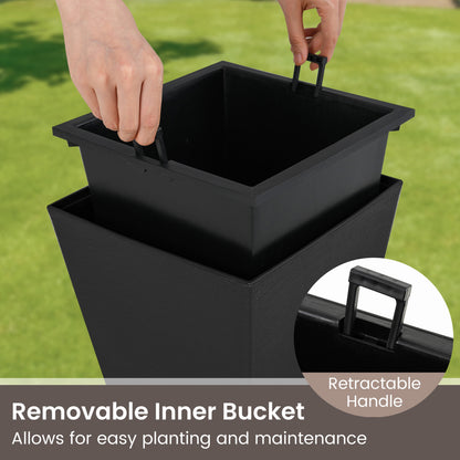 Set of 2 Square Taper Planter with Optional Drainage Hole and Removable Inner Bucket, Black