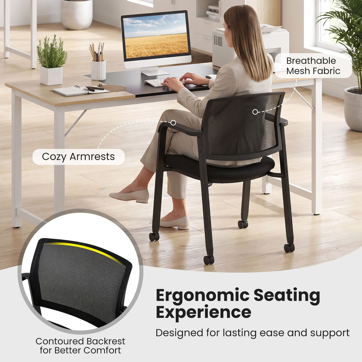 Set of 2 Stackable Rolling Office Chairs, Mesh Backrest, Black Conference Chairs at Gallery Canada