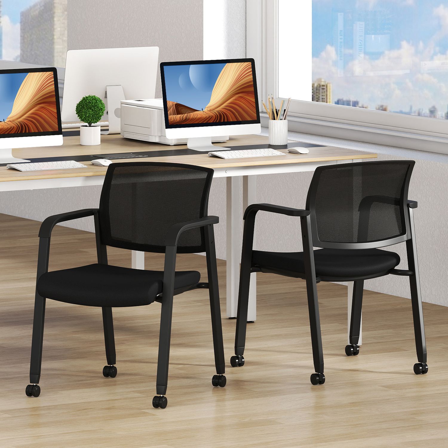 Set of 2 Stackable Rolling Office Chairs, Mesh Backrest, Black Conference Chairs at Gallery Canada