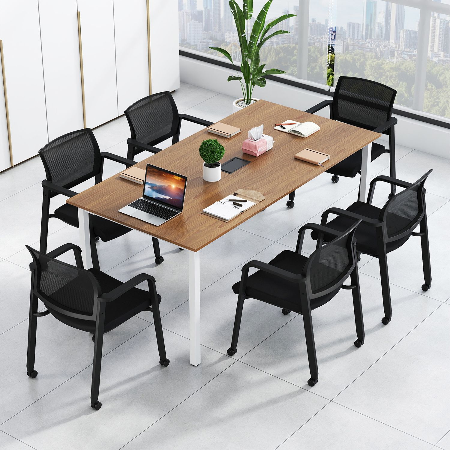 Set of 2 Stackable Rolling Office Chairs, Mesh Backrest, Black Conference Chairs at Gallery Canada