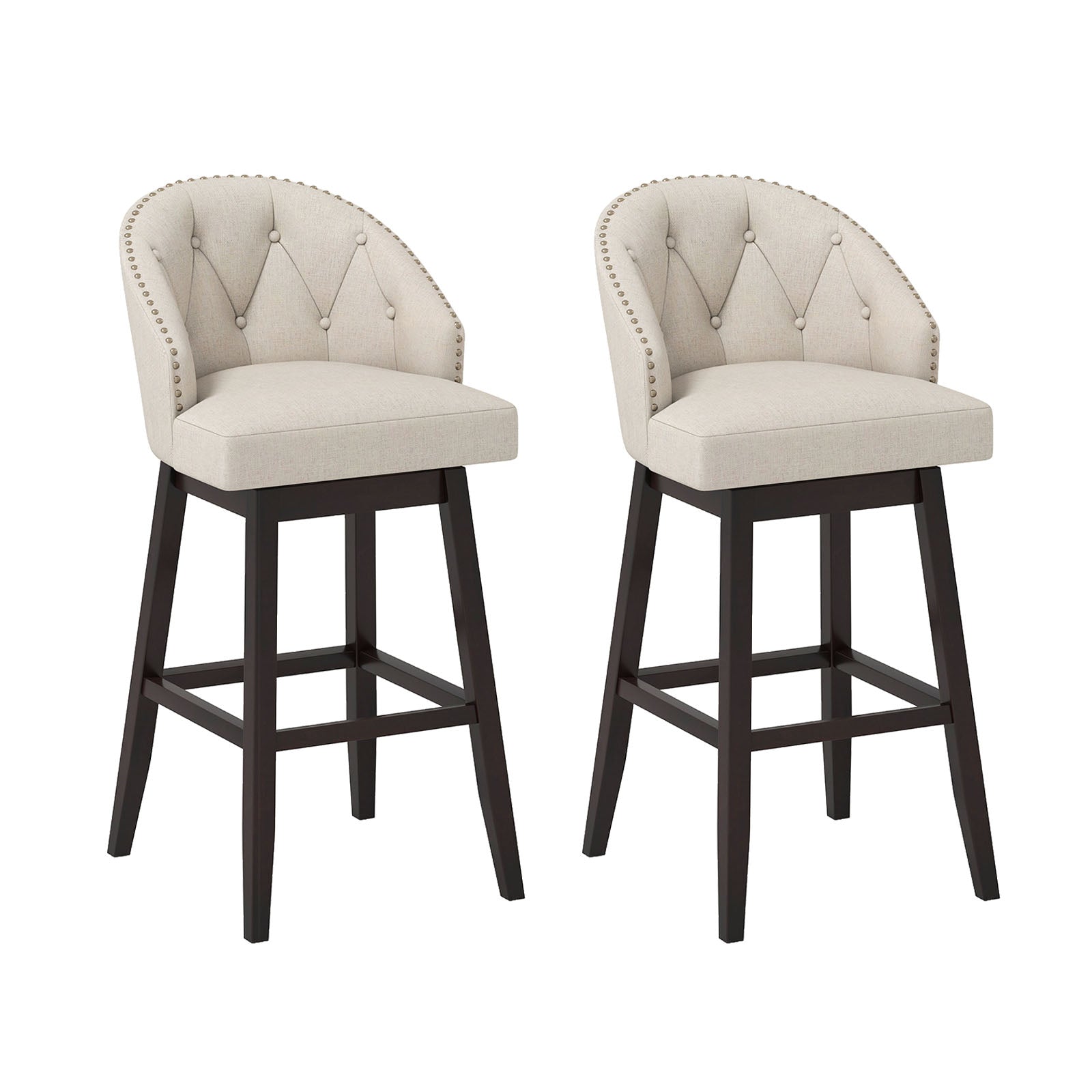 Set of 2 Swivel Bar Stools Tufted Bar Height Pub Chairs with Rubber Wood Legs, Beige Bar Stools Beige at Gallery Canada
