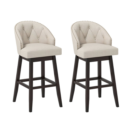 Set of 2 Swivel Bar Stools Tufted Bar Height Pub Chairs with Rubber Wood Legs, Beige