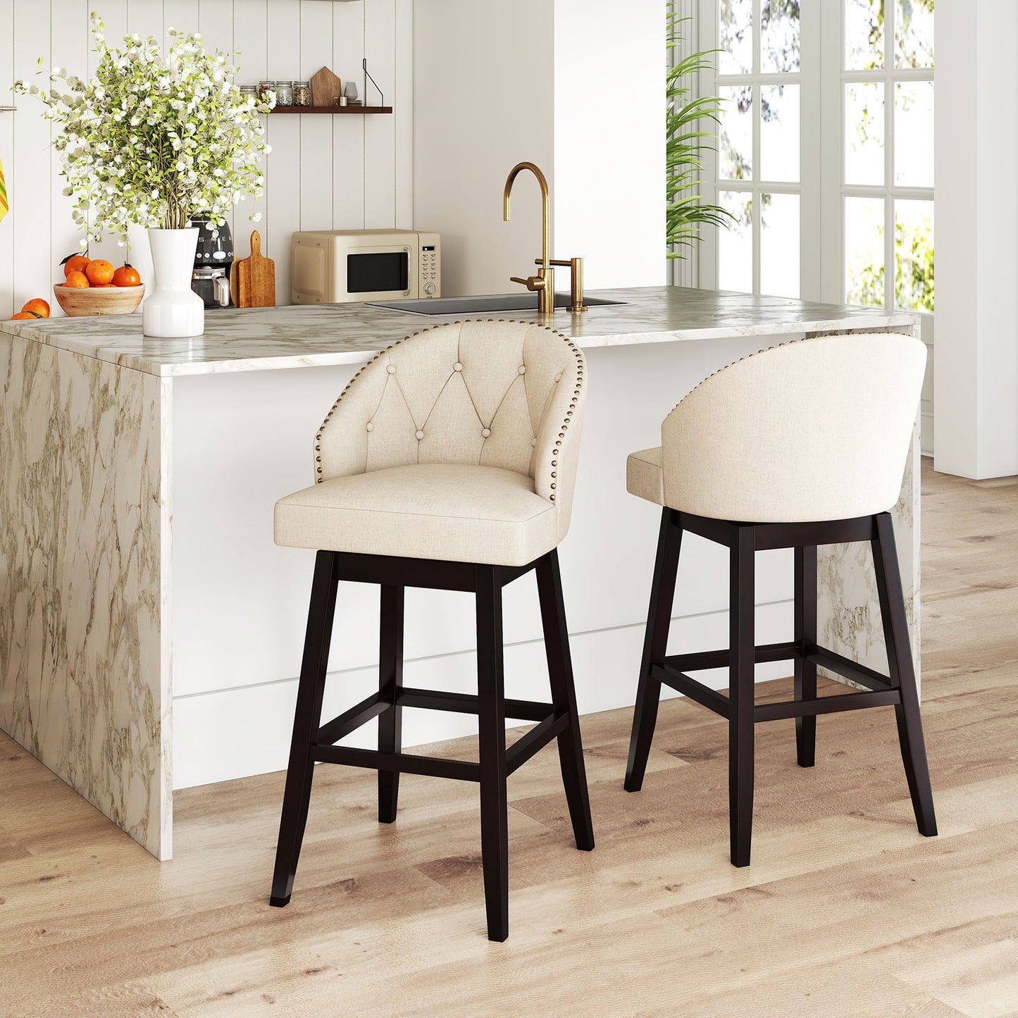 Set of 2 Swivel Bar Stools Tufted Bar Height Pub Chairs with Rubber Wood Legs, Beige Bar Stools at Gallery Canada
