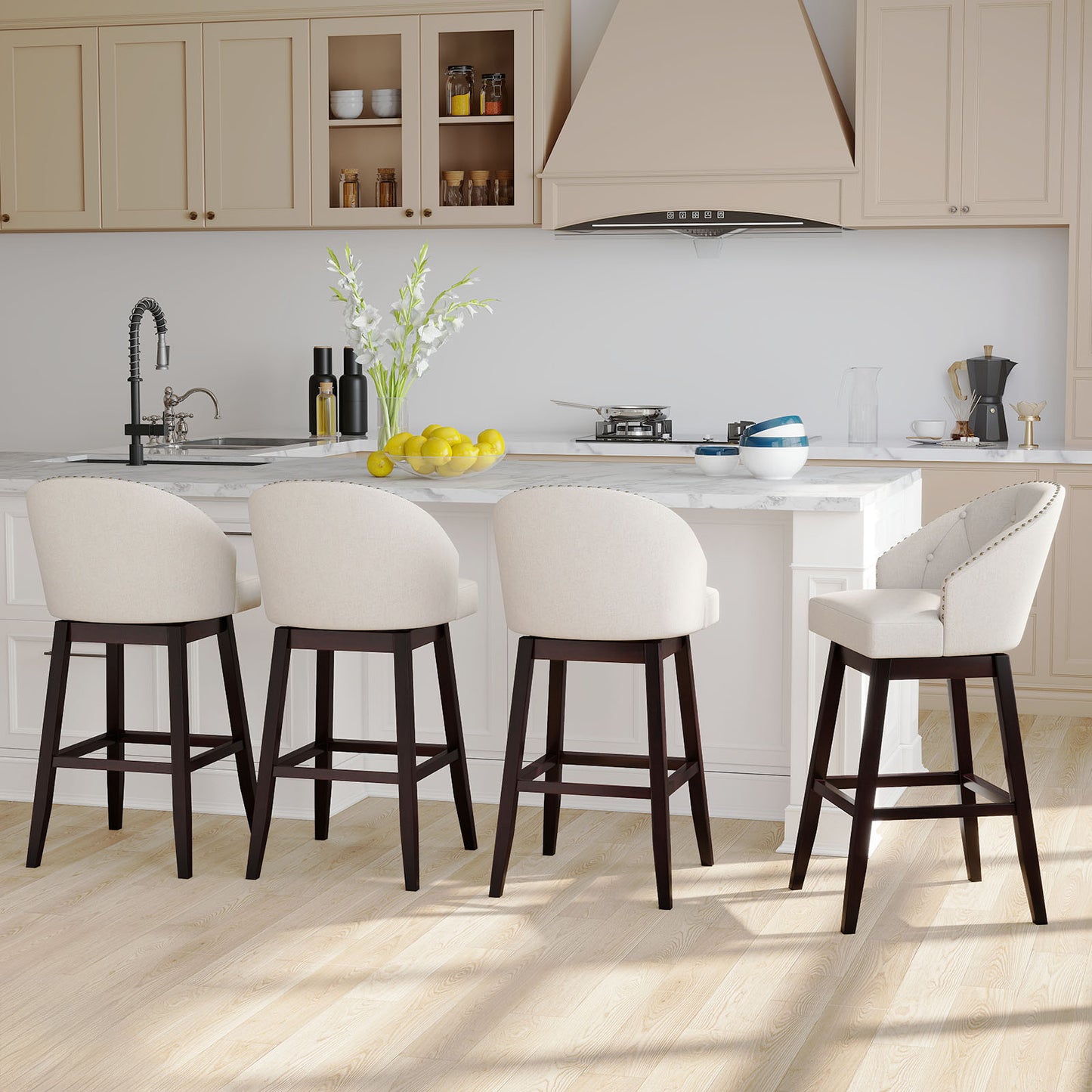 Set of 2 Swivel Bar Stools Tufted Bar Height Pub Chairs with Rubber Wood Legs, Beige Bar Stools at Gallery Canada