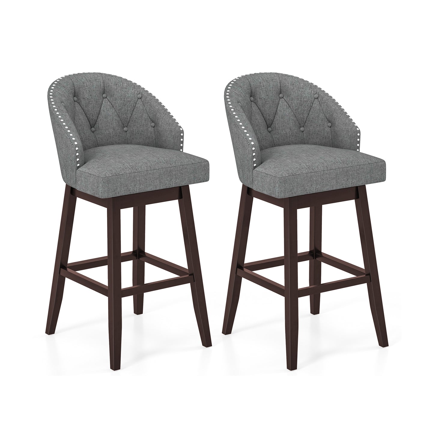 Set of 2 Swivel Bar Stools with Rubber Wood Legs and Padded Back, Gray Bar Stools Gray at Gallery Canada