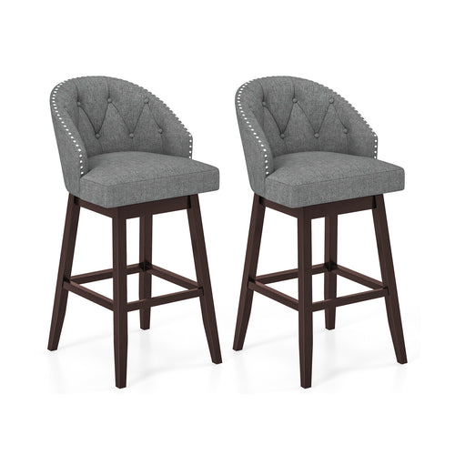 Set of 2 Swivel Bar Stools with Rubber Wood Legs and Padded Back, Gray
