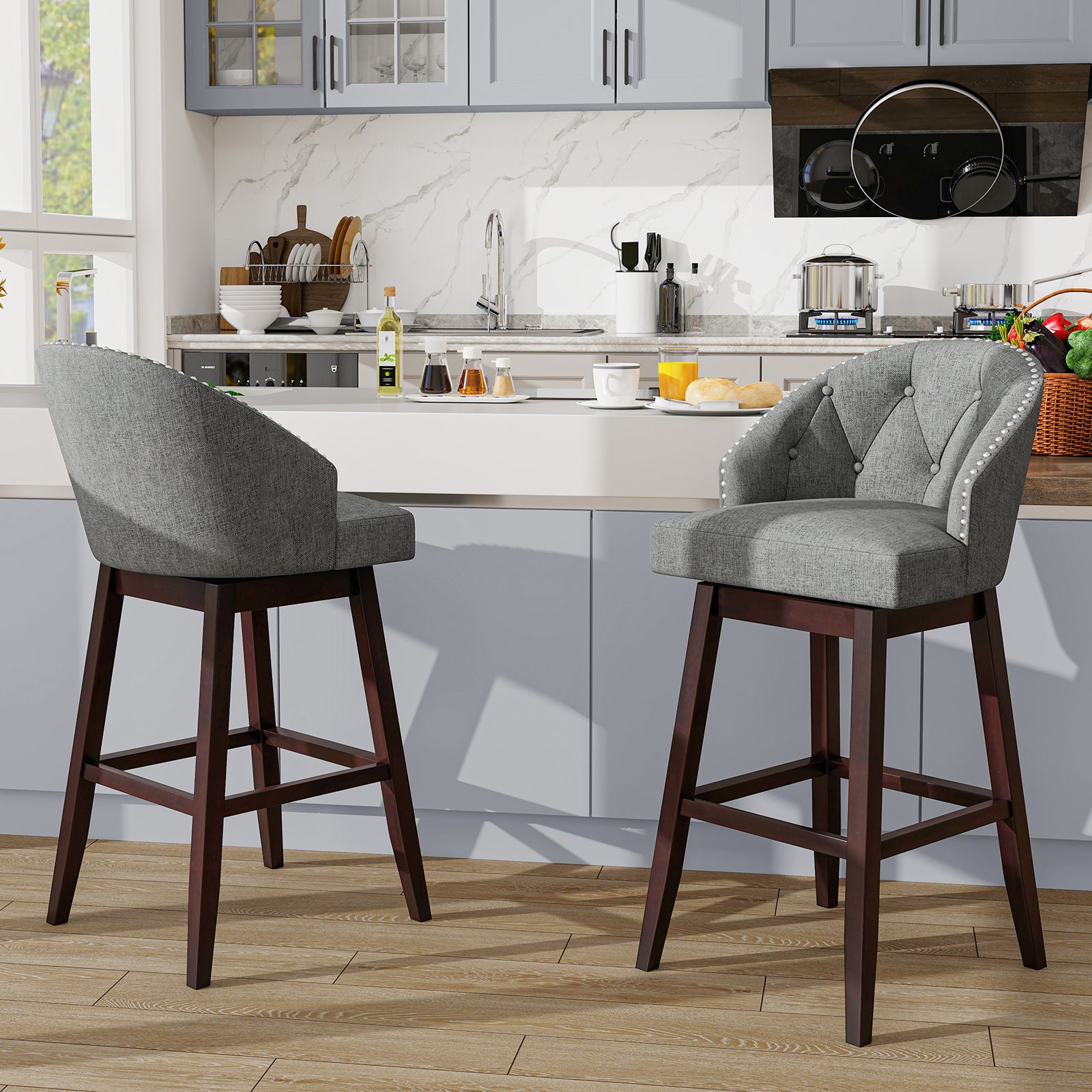 Set of 2 Swivel Bar Stools with Rubber Wood Legs and Padded Back, Gray Bar Stools at Gallery Canada
