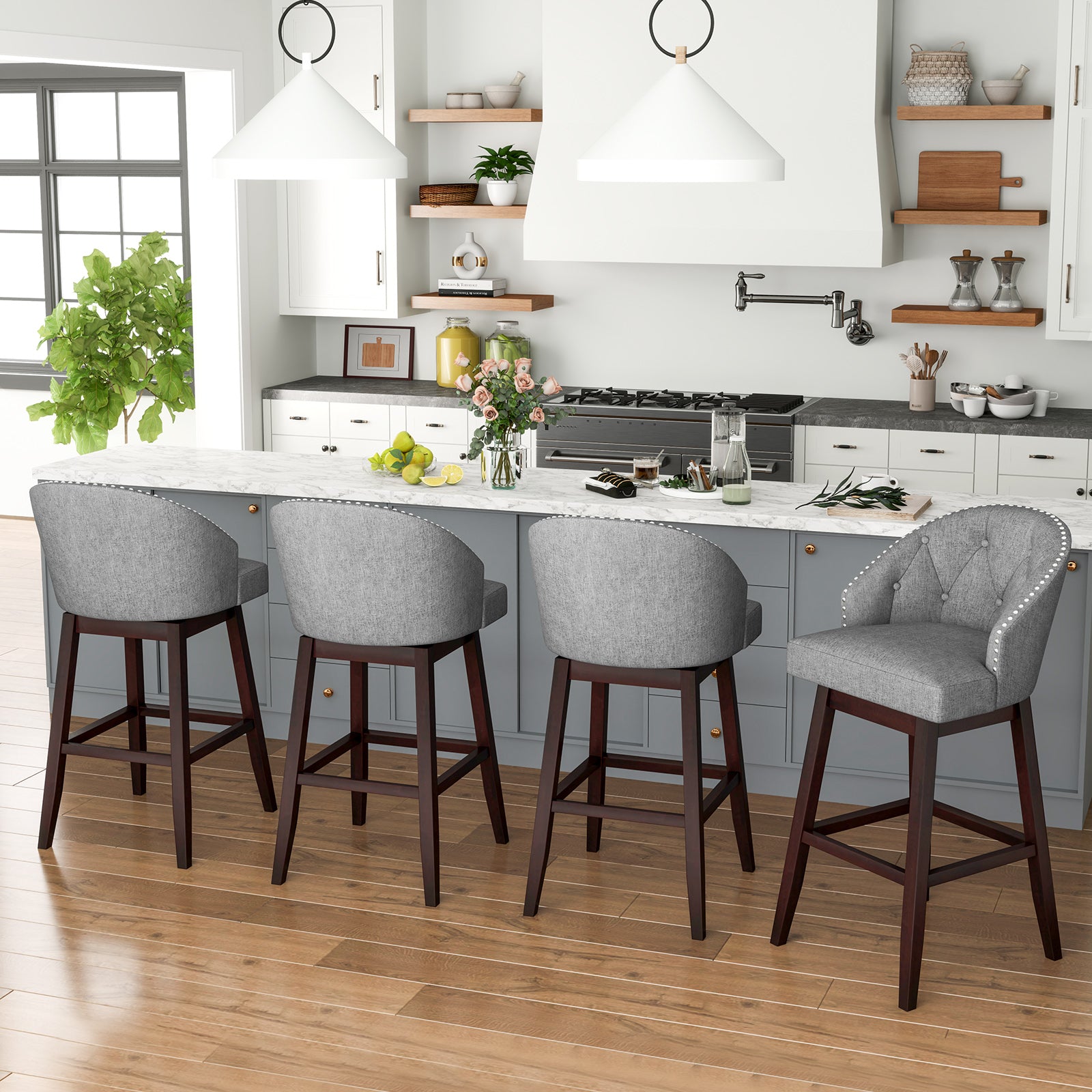 Set of 2 Swivel Bar Stools with Rubber Wood Legs and Padded Back, Gray Bar Stools at Gallery Canada