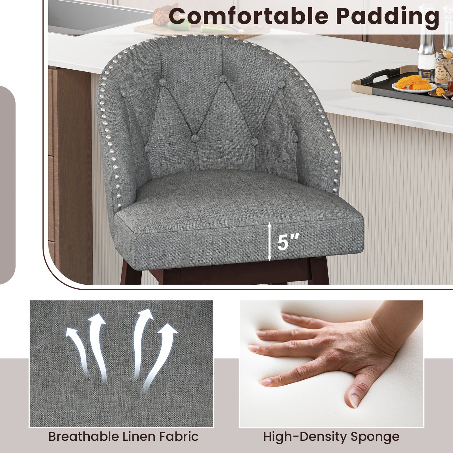 Set of 2 Swivel Bar Stools with Rubber Wood Legs and Padded Back, Gray Bar Stools at Gallery Canada