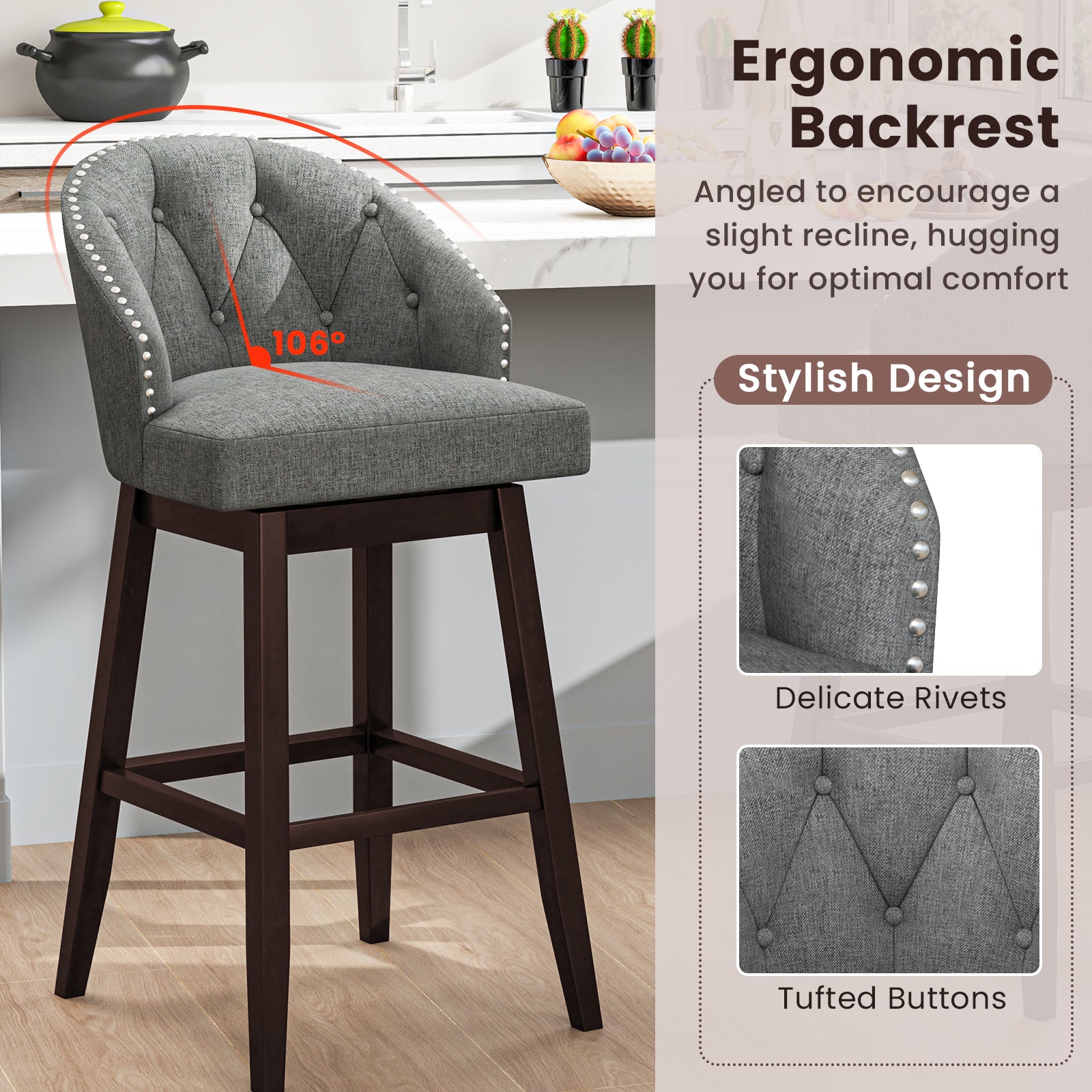 Set of 2 Swivel Bar Stools with Rubber Wood Legs and Padded Back, Gray Bar Stools at Gallery Canada