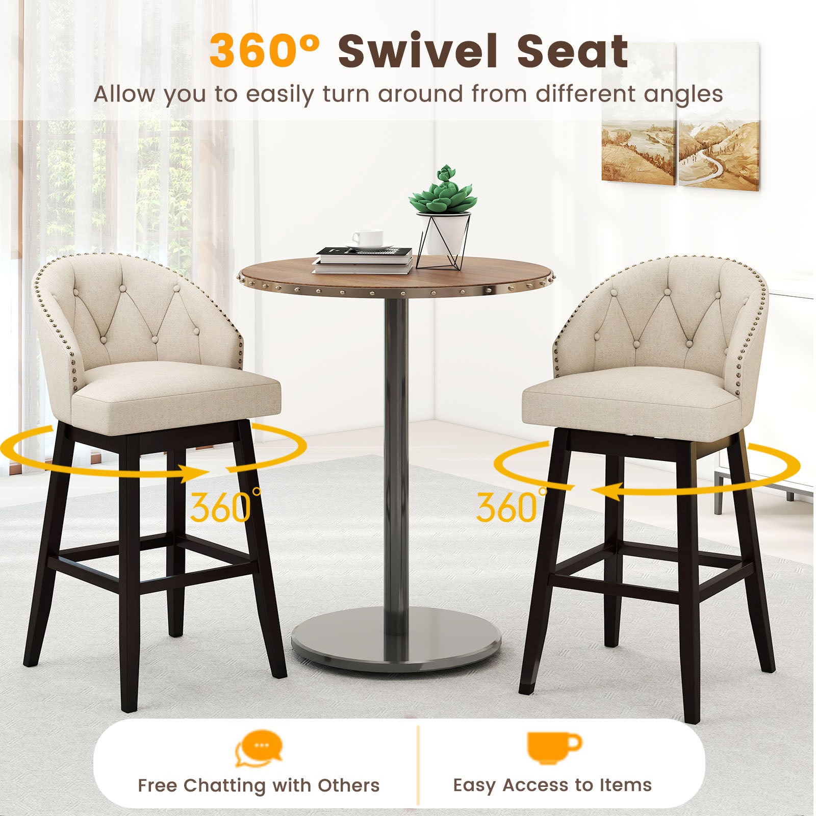 Swivel Bar Stools, Tufted Bar Height Pub Chairs, Rubber Wood Legs, Beige Bar Stools at Gallery Canada