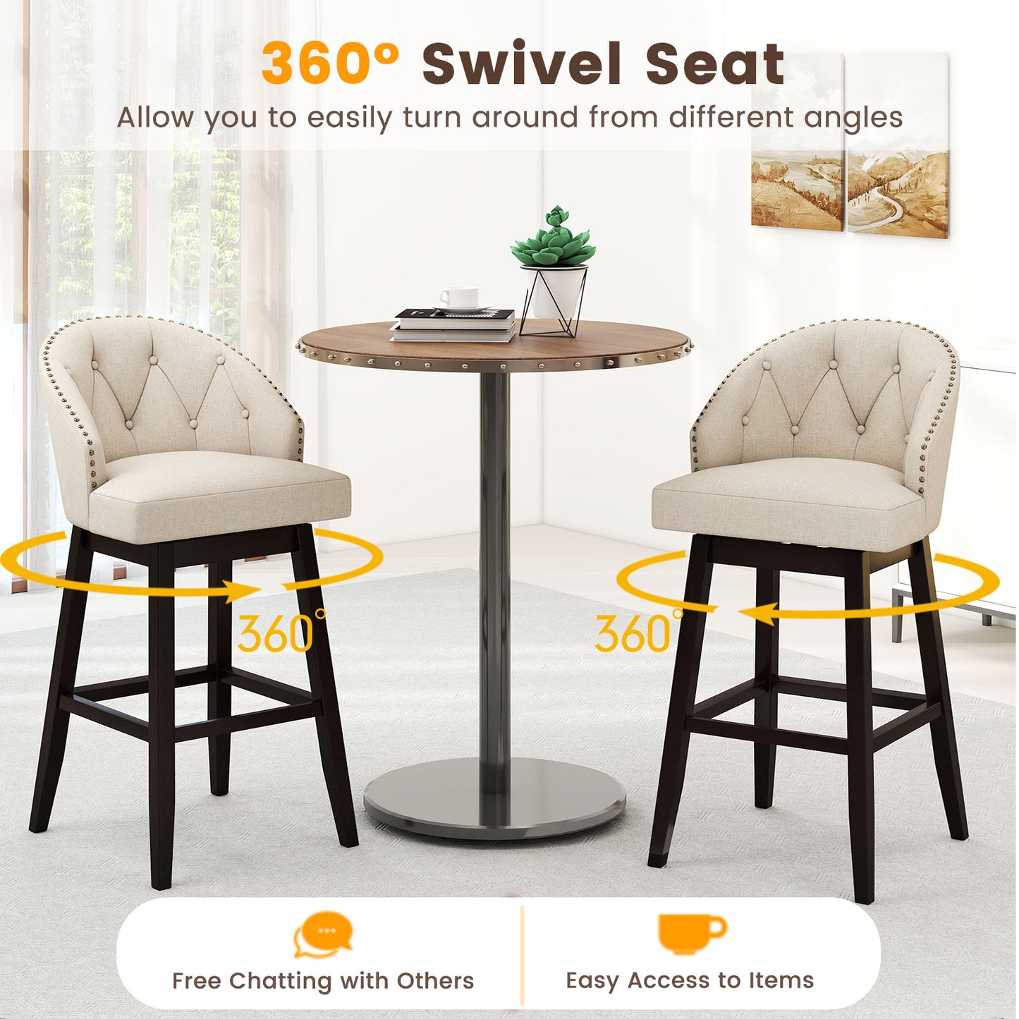 Swivel Bar Stools, Tufted Bar Height Pub Chairs, Rubber Wood Legs, Beige Bar Stools at Gallery Canada