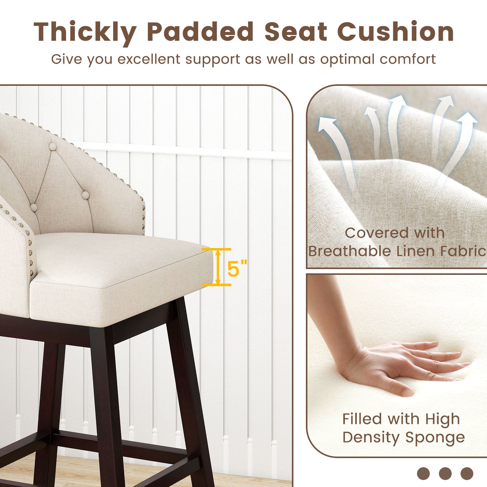 Swivel Bar Stools, Tufted Bar Height Pub Chairs, Rubber Wood Legs, Beige Bar Stools at Gallery Canada