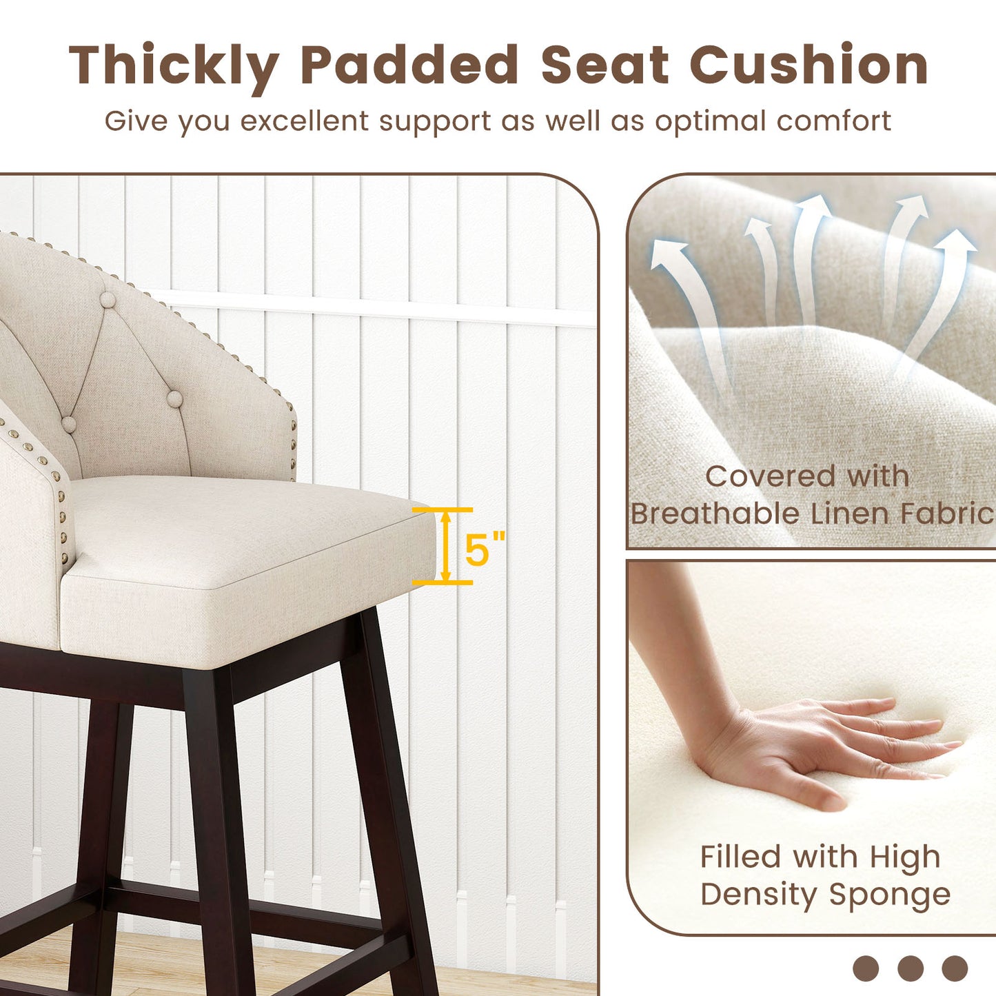 Swivel Bar Stools, Tufted Bar Height Pub Chairs, Rubber Wood Legs, Beige Bar Stools at Gallery Canada
