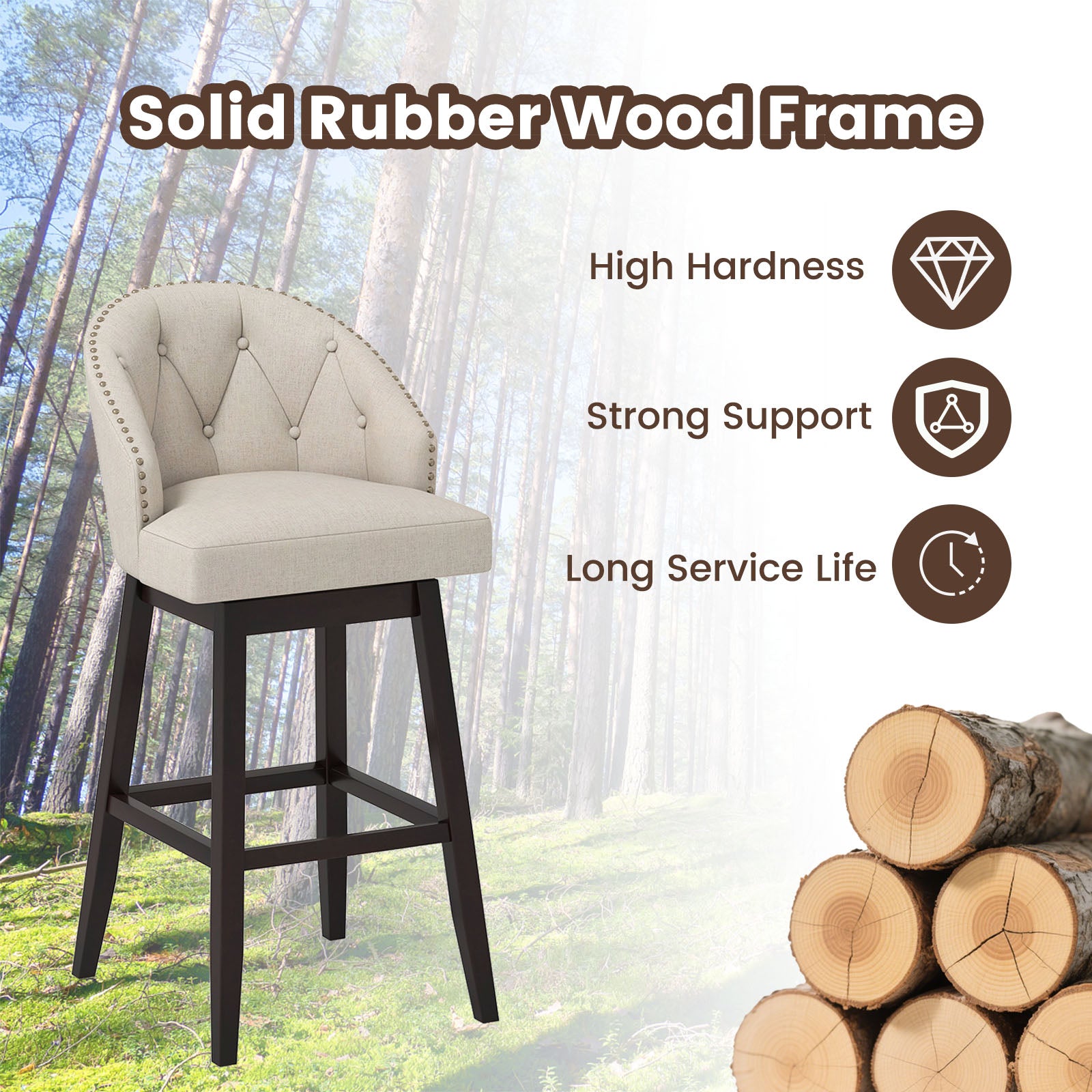 Swivel Bar Stools, Tufted Bar Height Pub Chairs, Rubber Wood Legs, Beige Bar Stools at Gallery Canada